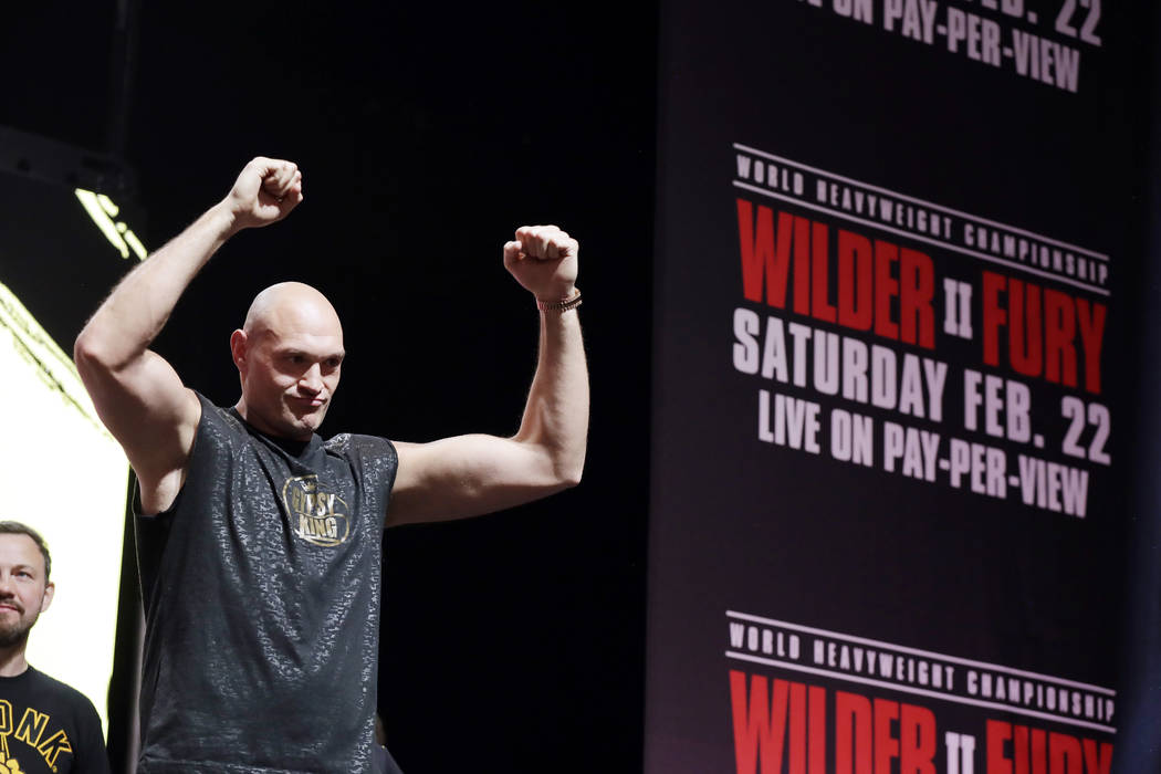 Tyson Fury, of England, attends a weigh-in for his WBC heavyweight championship boxing match ag ...