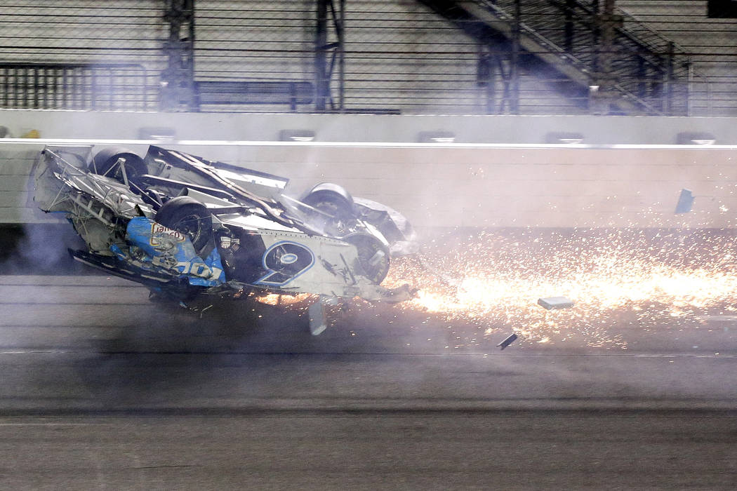 Ryan Newman slides past the finish line after he was involved in a crash on the final lap of th ...