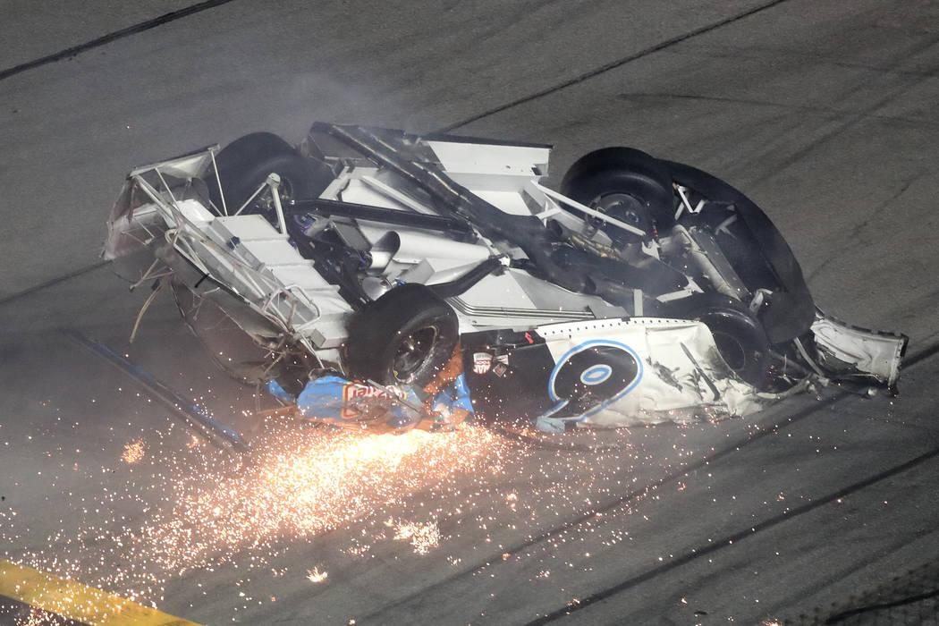 Ryan Newman slides down the track after he was involved in a crash on the final lap of the NASC ...