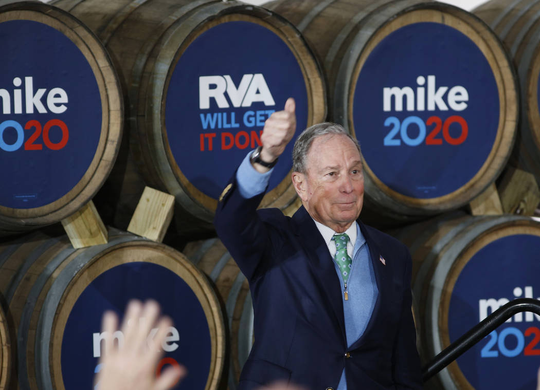Democratic presidential candidate Mike Bloomberg gives his thumbs-up after speaking during a ca ...