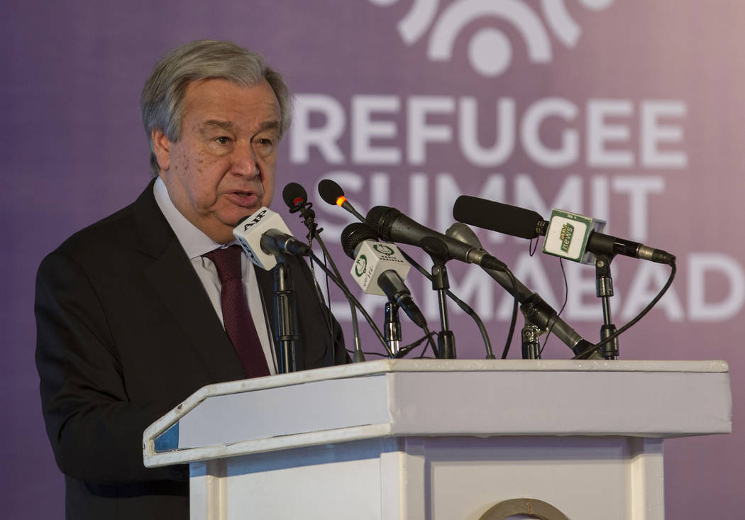U.N. Secretary-General Antonio Guterres addresses the Refugee Summit in Islamabad, Pakistan, Mo ...