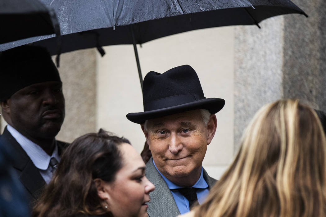 In a Nov. 12, 2019, file photo, Roger Stone, a longtime Republican provocateur and former confi ...