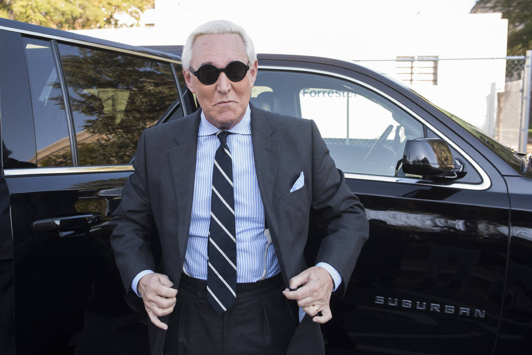 In a Nov. 6, 2019, file photo, Roger Stone arrives at Federal Court for the second day of jury ...