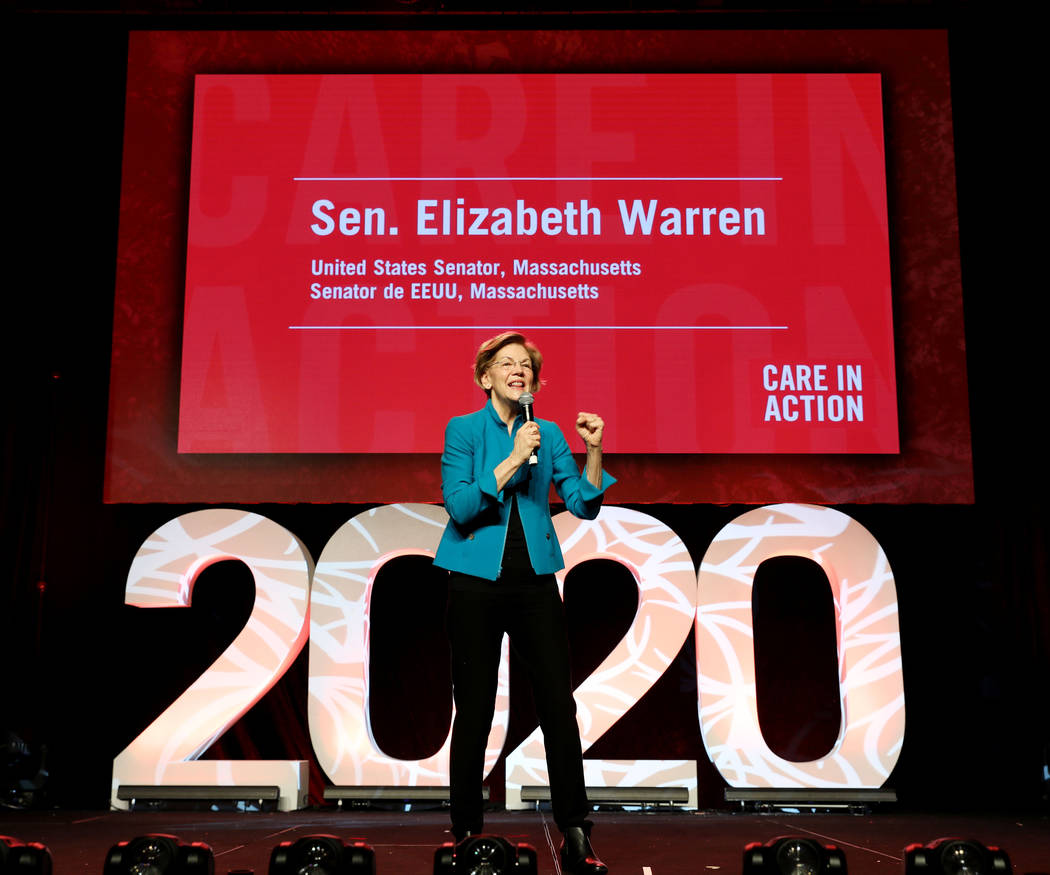Sen. Elizabeth Warren speaks during a Care in Action Domestic Worker meeting at MGM Grand on Tu ...