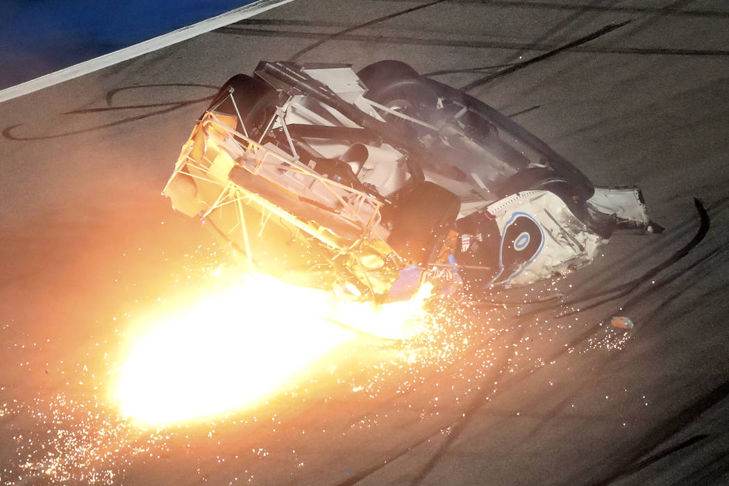 Ryan Newman slides down the track after he was involved in a crash on the final lap of the NASC ...