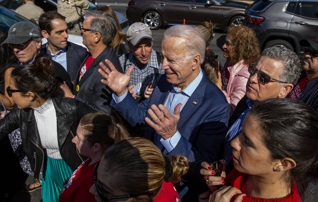 Democratic presidential candidate former Vice President Joe Biden greets workers from seven Sta ...