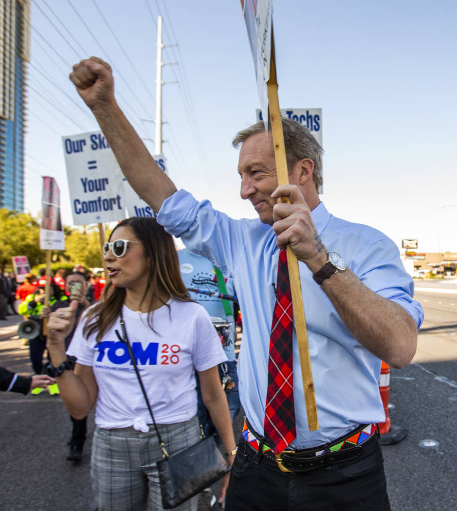 Democratic presidential candidate businessman Tom Steyer shows his support for workers from sev ...