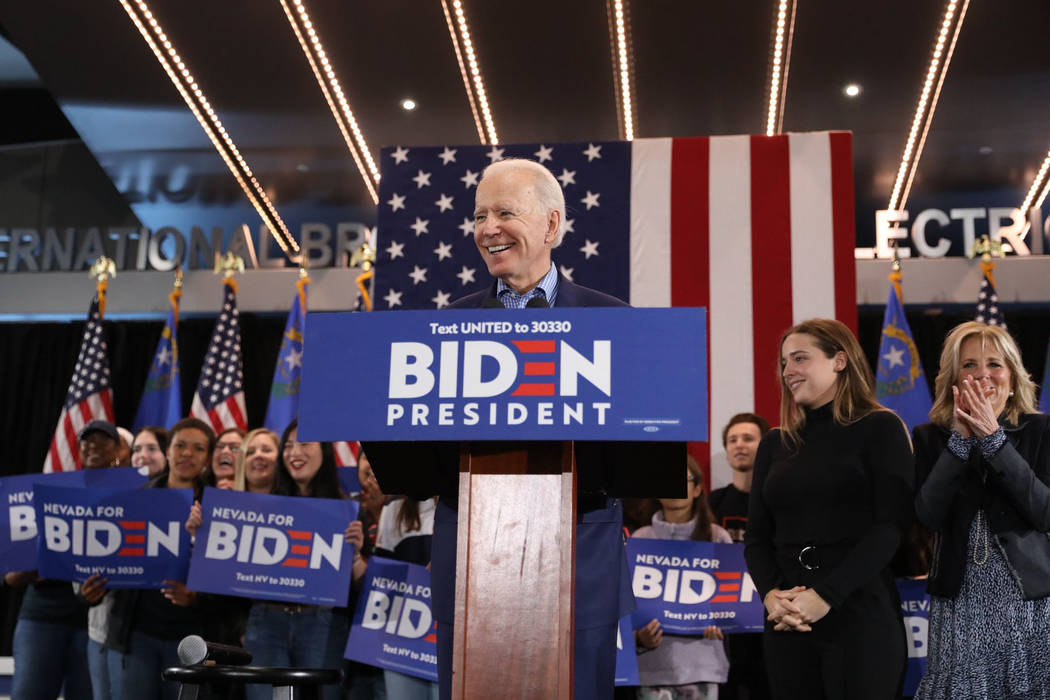 Democratic presidential candidate Joe Biden speaks to supporters at the International Brotherho ...
