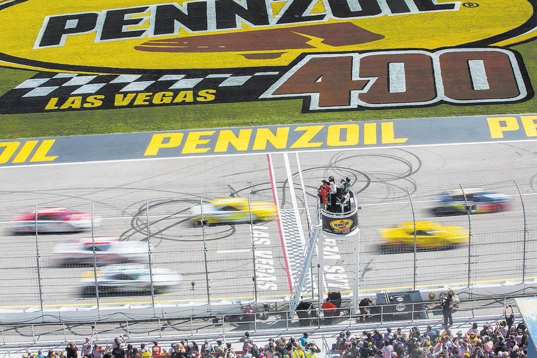 Racers compete in the Monster Energy NASCAR Cup Series Pennzoil 400 on Sunday, March 3, 2019, a ...