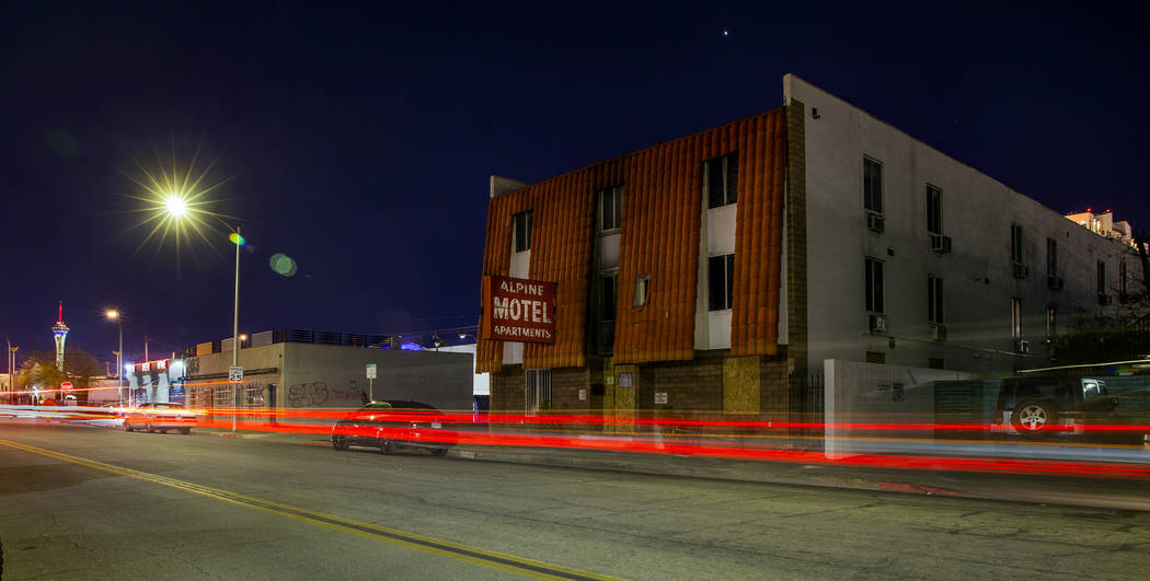 Exterior at night of the Alpine Motel Apartments on Sunday, Feb. 23, 2020, in Las Vegas. The pr ...