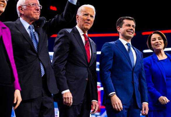 Democratic presidential candidates, from left, Sen. Bernie Sanders, I-Vt., former Vice Presiden ...