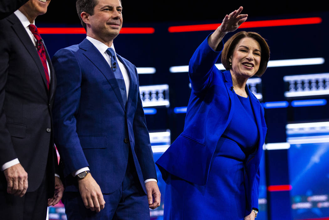 Democratic presidential candidates former South Bend Mayor Pete Buttigieg, left, and Sen. Amy K ...