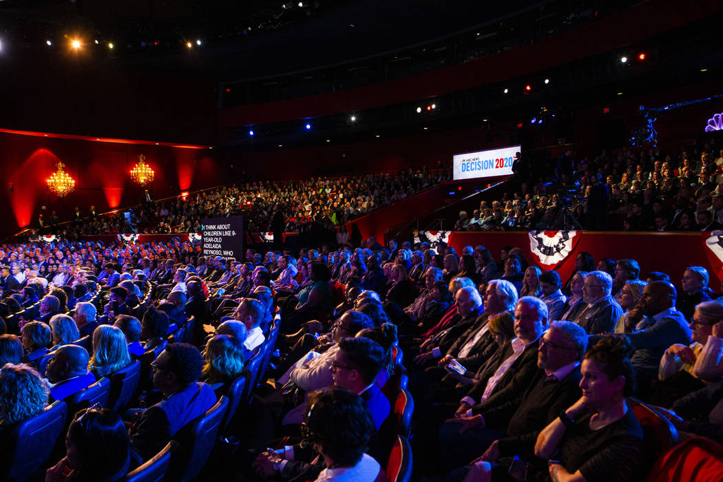 Attendees wait for the start of the Democratic presidential debate at Paris Las Vegas on Wednes ...