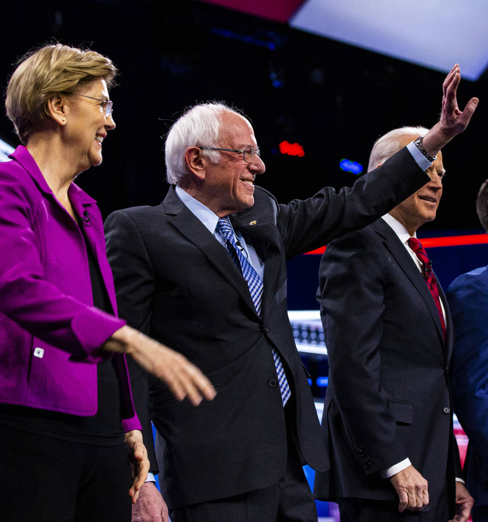 Democratic presidential candidates, from left, Sen. Elizabeth Warren, D-Mass., Sen. Bernie San ...