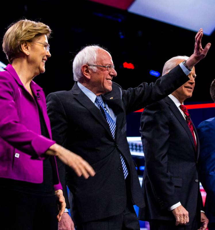 Democratic presidential candidates, from left, Sen. Elizabeth Warren, D-Mass., Sen. Bernie San ...