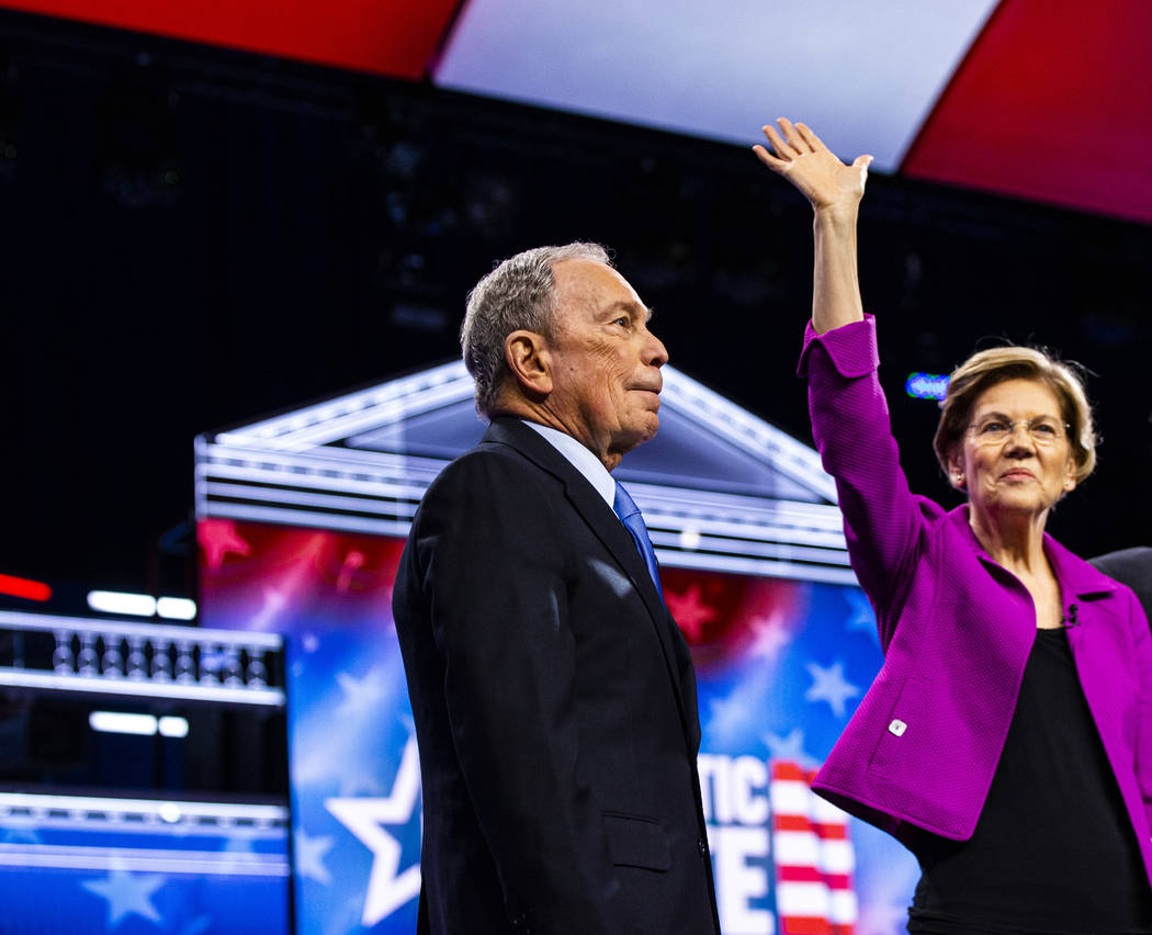 Democratic presidential candidates former New York City Mayor Michael Bloomberg, left, and Sen. ...