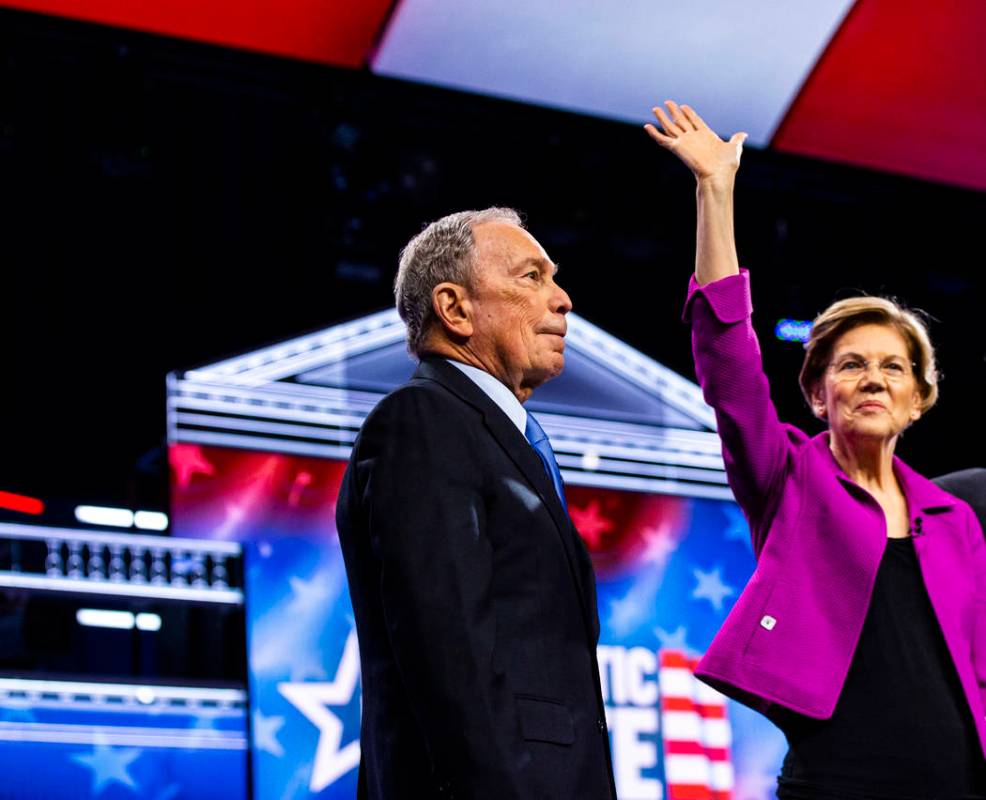 Democratic presidential candidates former New York City Mayor Michael Bloomberg, left, and Sen. ...