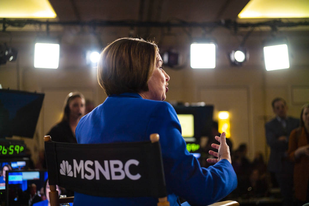 Democratic presidential candidate Sen. Amy Klobuchar, D-Minn., is interviewed in the media spin ...