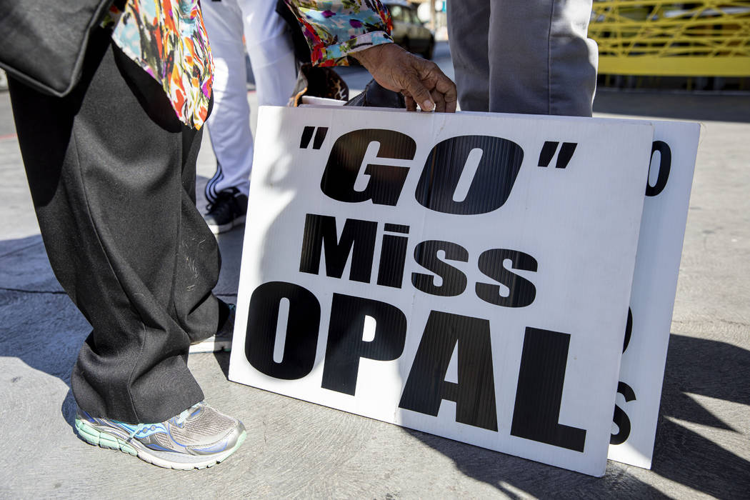 Opal Lee, 93, of Fort Worth, Texas, gets her sing read to walk the Fremont Street Experience as ...
