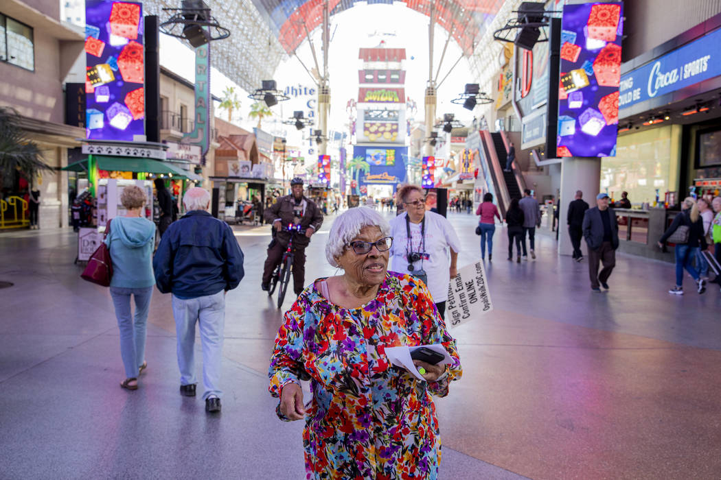 Opal Lee, 93, of Fort Worth, Texas, walks the Fremont Street Experience as part of a nationwide ...