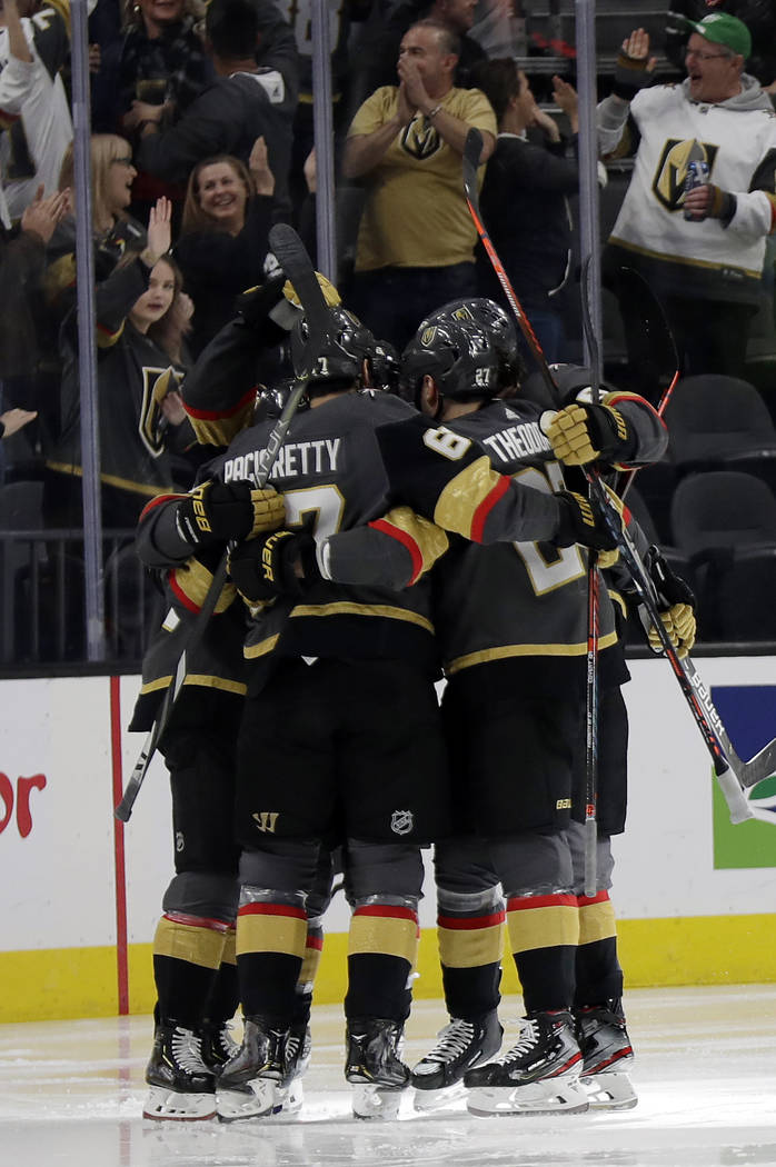The Vegas Golden Knights celebrate after left wing Max Pacioretty (67) scored against the Tampa ...