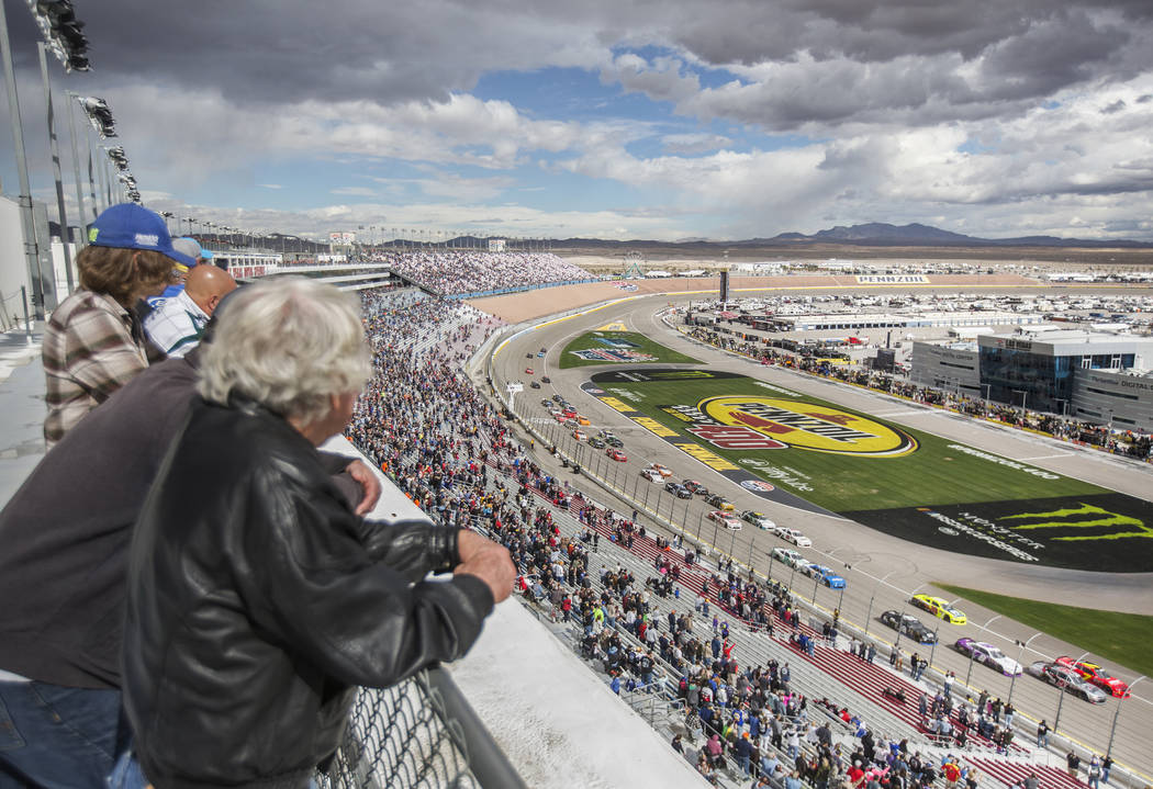 Drivers race around turn one during the NASCAR Xfinity Series Boyd Gaming 300 on Saturday, Marc ...