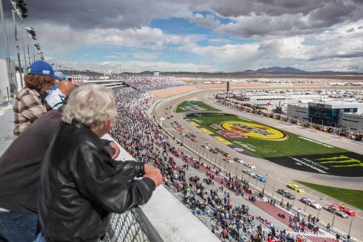 Drivers race around turn one during the NASCAR Xfinity Series Boyd Gaming 300 on Saturday, Marc ...