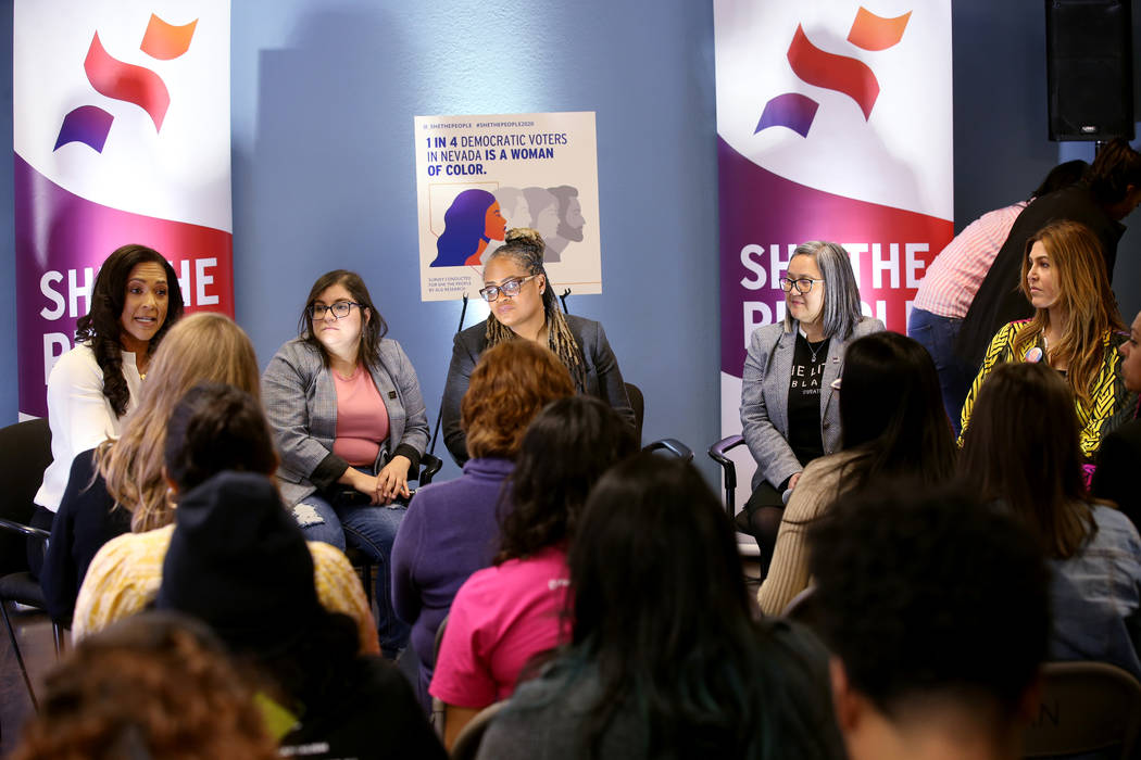 Aimee Allison, founder and president of She the People, from left, Raquel Cruz-Juarez, board ch ...