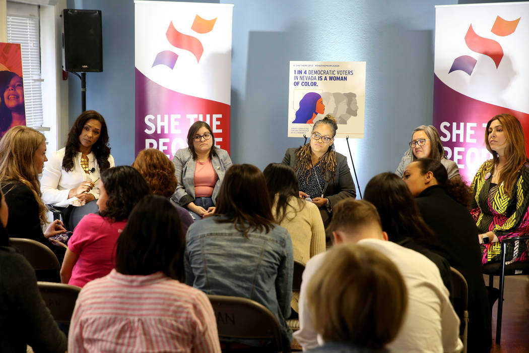 Aimee Allison, founder and president of She the People, from left, Raquel Cruz-Juarez, board ch ...