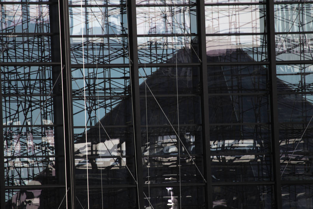 The view of the Luxor from inside the Raiders Allegiant Stadium in Las Vegas, Tuesday, Feb. 18, ...