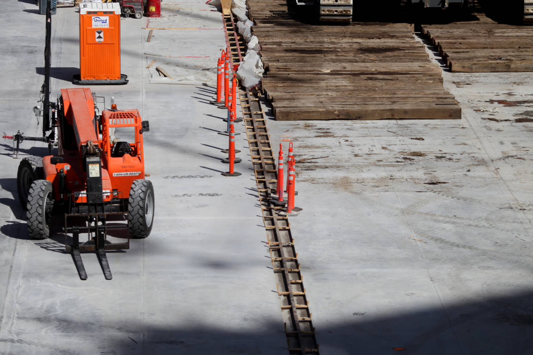 The field tray tracks inside the Raiders Allegiant Stadium in Las Vegas, Tuesday, Feb. 18, 2020 ...