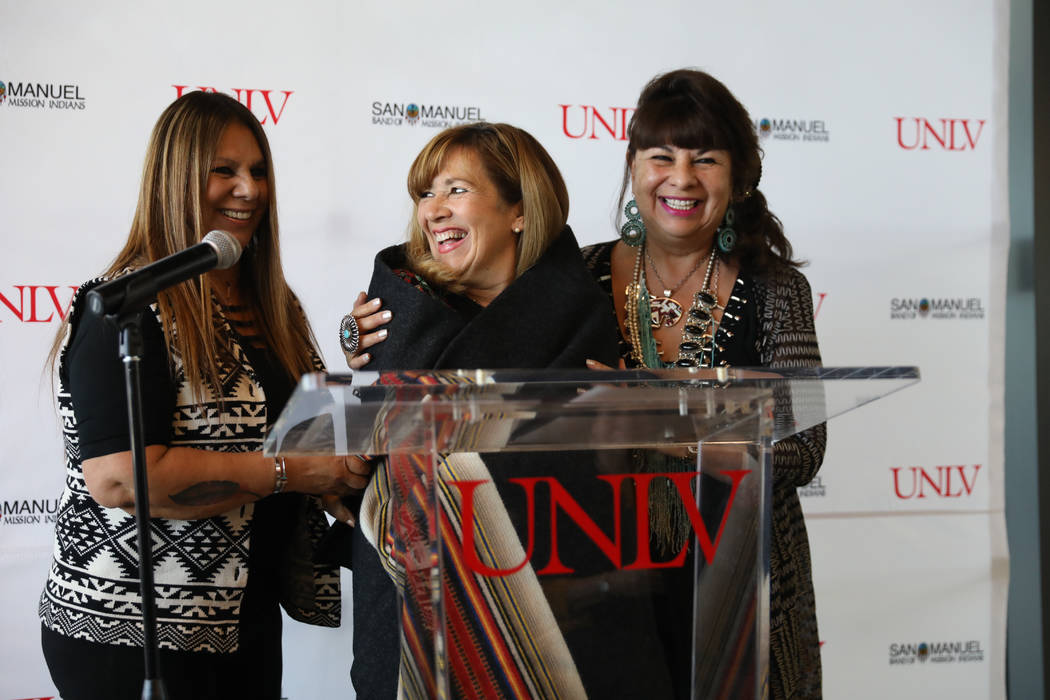 Audrey Martinez, left, and San Manuel Band of Mission Indians Chairwoman Lynn Valbuena wrap UNL ...