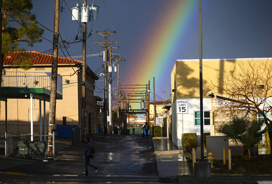 A rainbow above Maryland Parkway after rain in downtown Las Vegas on Saturday, Feb. 22, 2020. ( ...