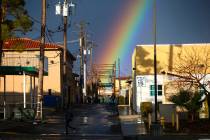 A rainbow above Maryland Parkway after rain in downtown Las Vegas on Saturday, Feb. 22, 2020. ( ...