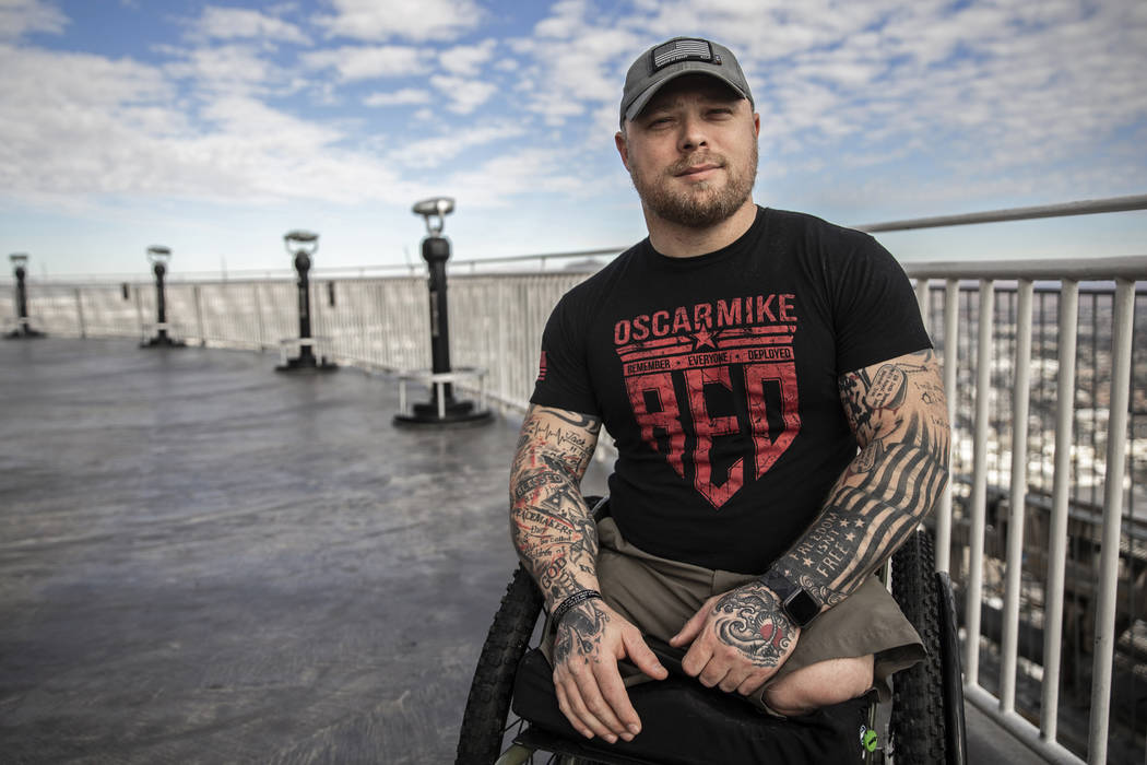 Travis Strong, an Army veteran who lost both legs during an attack in Baghdad, climbed 108 floo ...