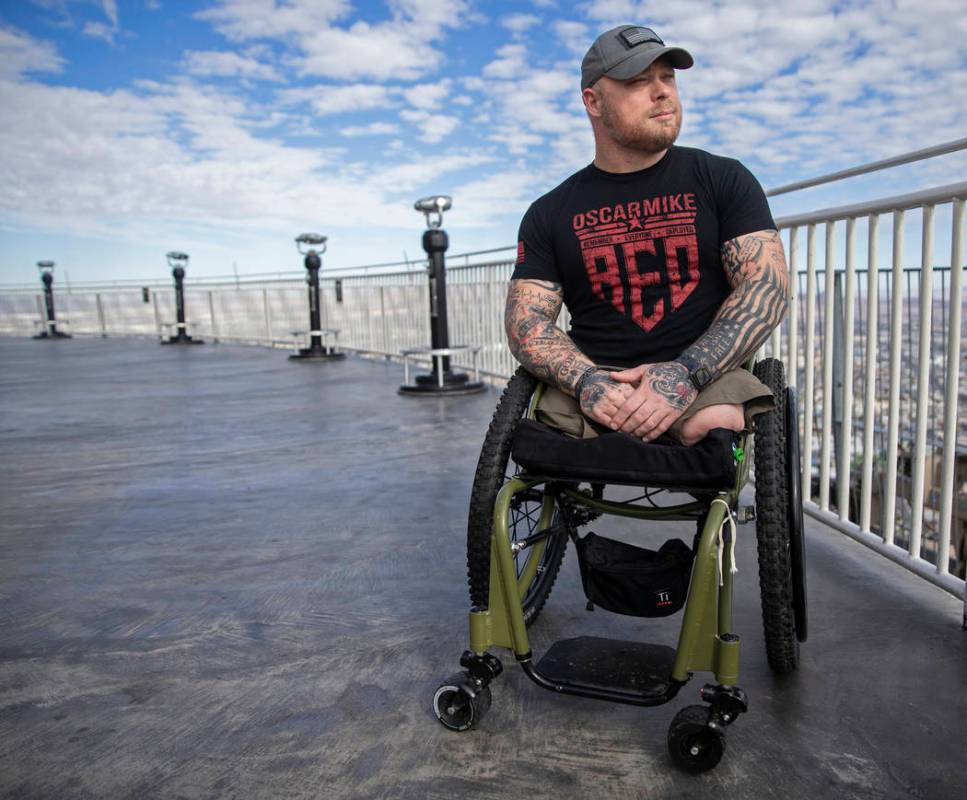 Travis Strong, an Army veteran who lost both legs during an attack in Baghdad, climbed 108 floo ...