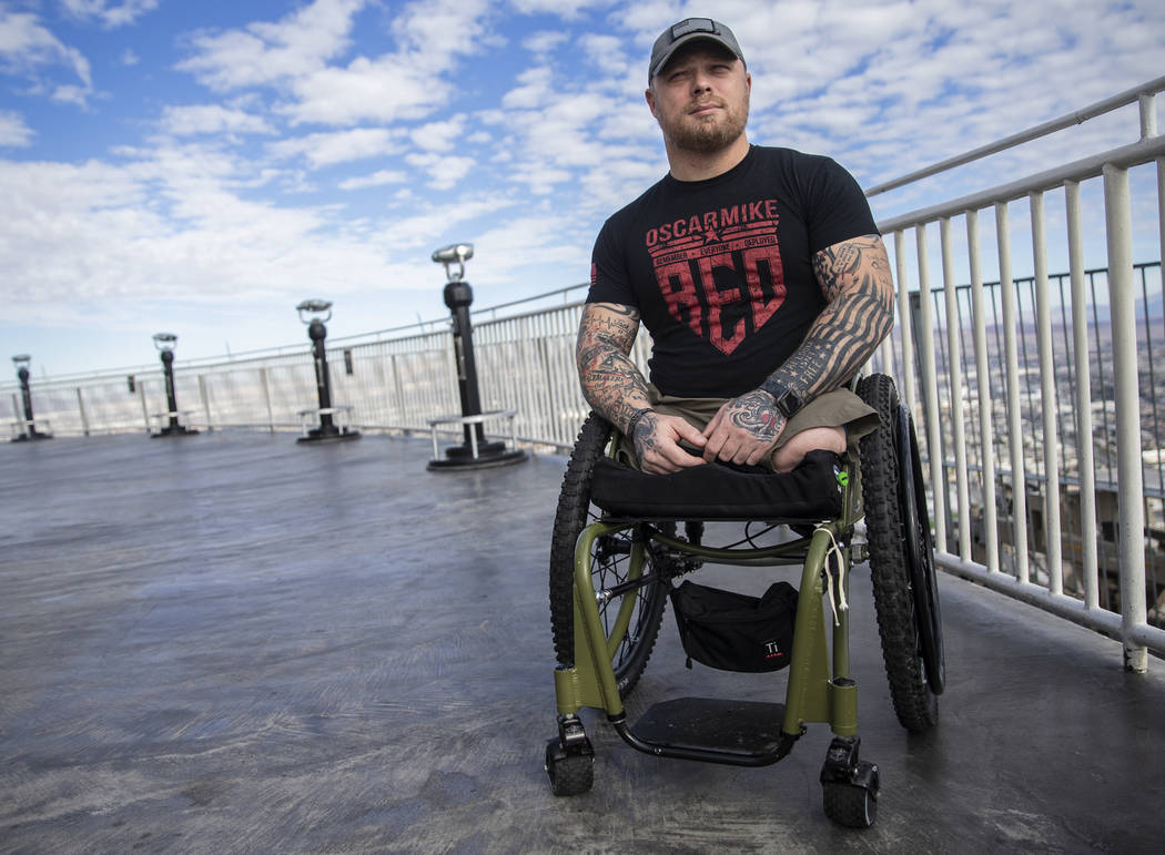 Travis Strong, an Army veteran who lost both legs during an attack in Baghdad, climbed 108 floo ...