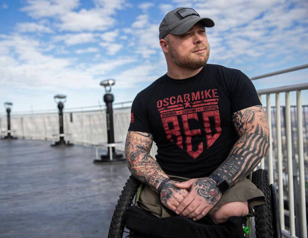 Travis Strong, an Army veteran who lost both legs during an attack in Baghdad, climbed 108 floo ...