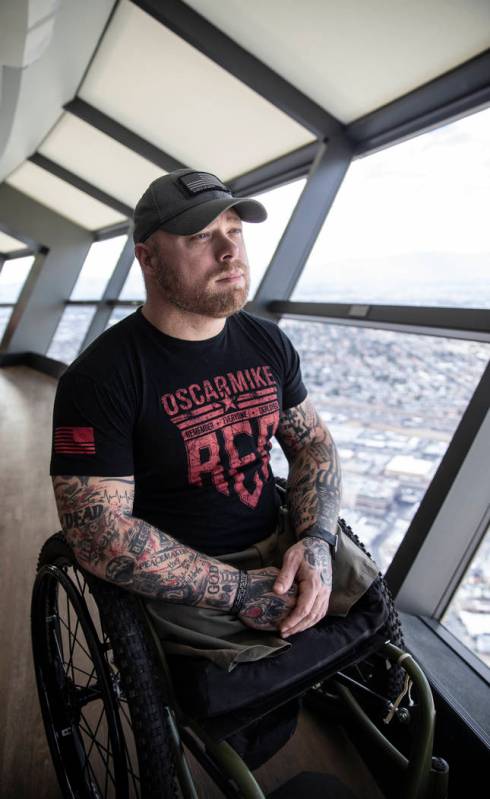 Travis Strong, an Army veteran who lost both legs during an attack in Baghdad, climbed 108 floo ...