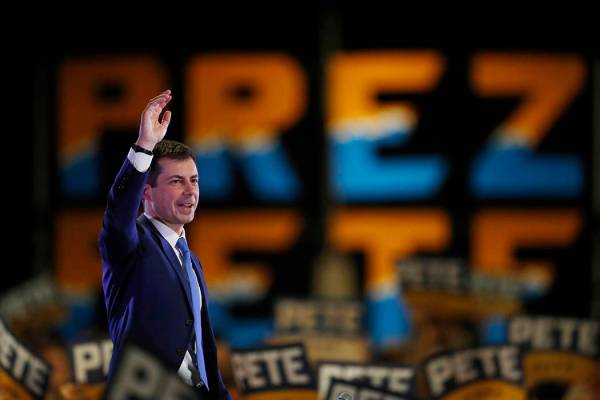 Democratic presidential candidate Pete Buttigieg speaks at a campaign rally late Saturday, Feb. ...