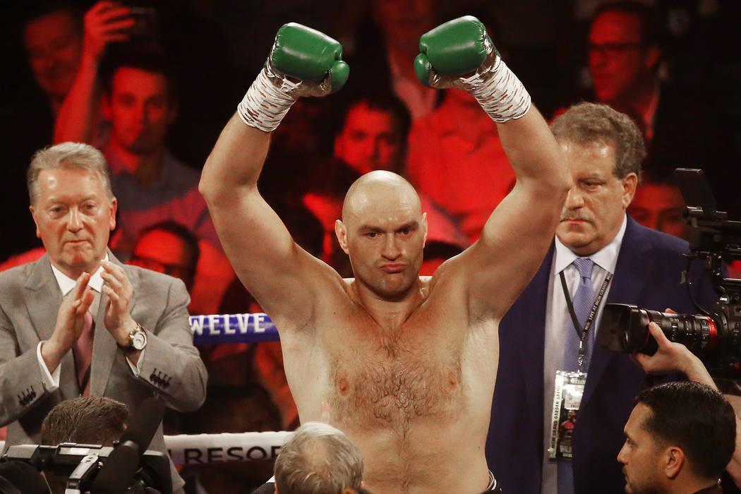 Tyson Fury is announced before the start of his WBC heavyweight title fight with Deontay Wilder ...