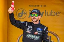 Ross Chastain (6) is introduced to the fans before the start of the Pennzoil 400 presented by J ...
