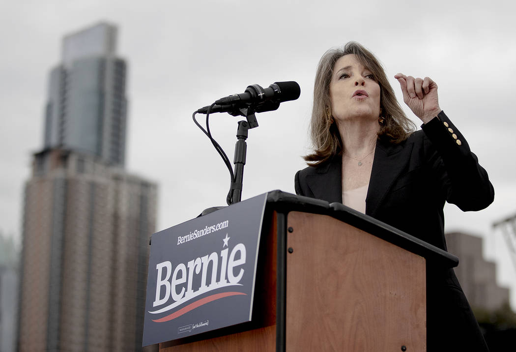 Marianne Williamson endorses Sen. Bernie Sanders during a campaign event on Sunday, Feb. 23, 20 ...