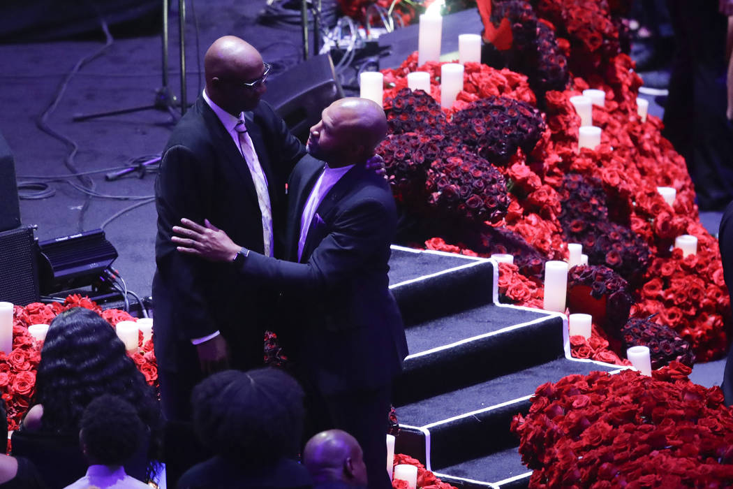 Joe Bryant and former Los Angeles Lakers' Derek Fisher arrive for a celebration of life for Kob ...