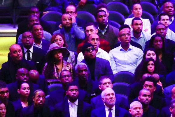 LL Cool J, middle, watches during a celebration of life for Kobe Bryant and his daughter Gianna ...