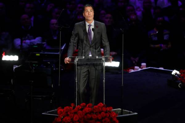 Los Angeles Lakers General Manager Rob Pelinka speaks during a celebration of life for Kobe Bry ...
