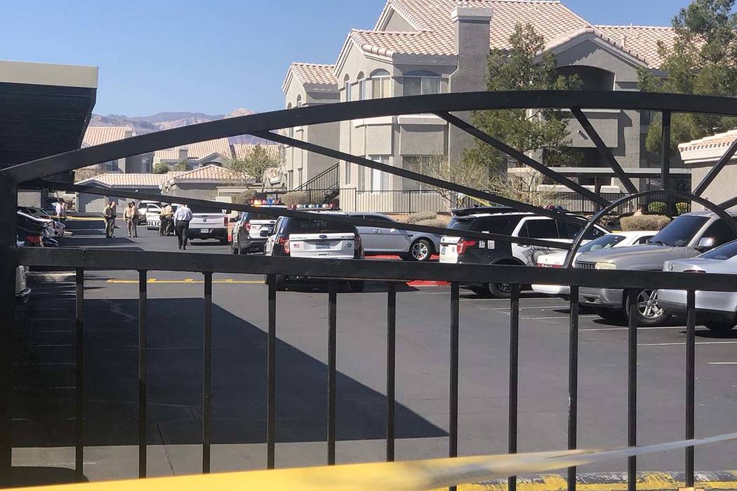 Las Vegas Police investigate a fatal shooting at 9100 W. Flamingo Road on Tuesday, Feb. 25, 202 ...