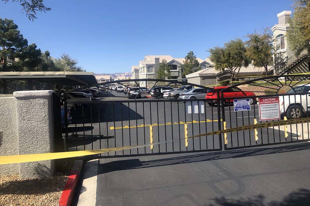 Las Vegas Police investigate a fatal shooting at 9100 W. Flamingo Road on Tuesday, Feb. 25, 202 ...