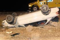 Police investigate a fatal crash Sunday, Feb. 23, 2020, on U.S. Highway 95 near Indian Springs. ...