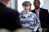 FILE - In this Monday, April 10, 2017 file photo, Dylann Roof arrives to a courtroom at the Cha ...